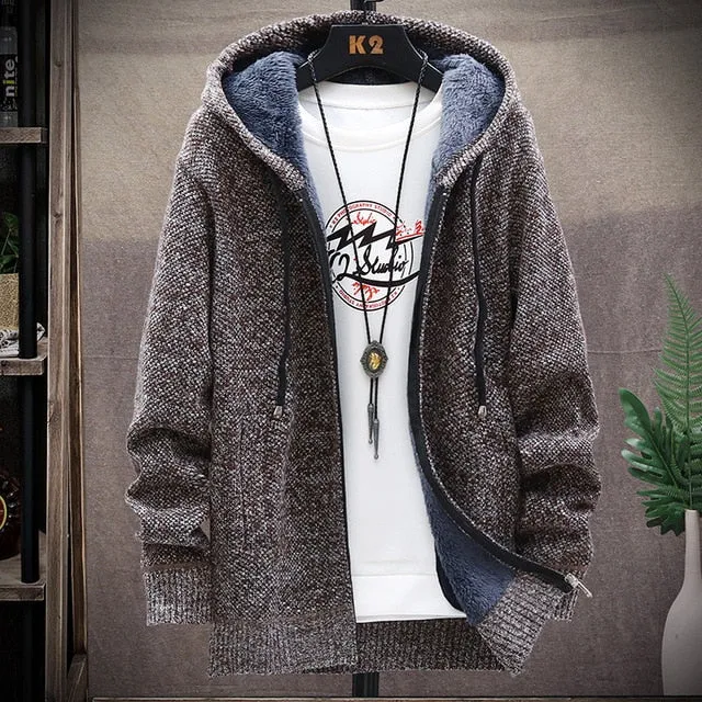 2021 Winter Sweater Coat Men Thick Warm Hooded Cardigan Jumpers Men Striped Wool Liner Zipper Fleece