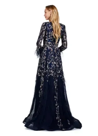 Ashley Lauren 11435 Long Prom Dress Long Sleeve A-Line Gown Feather Details Formal Pageant