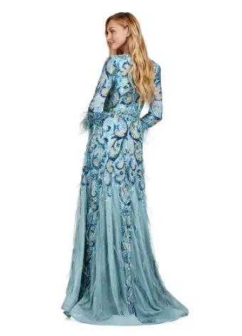 Ashley Lauren 11435 Long Prom Dress Long Sleeve A-Line Gown Feather Details Formal Pageant