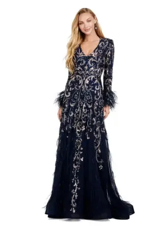 Ashley Lauren 11435 Long Prom Dress Long Sleeve A-Line Gown Feather Details Formal Pageant