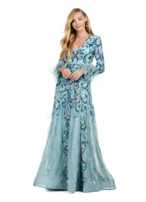 Ashley Lauren 11435 Long Prom Dress Long Sleeve A-Line Gown Feather Details Formal Pageant