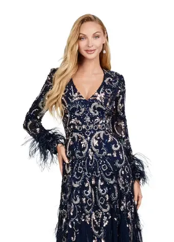 Ashley Lauren 11435 Long Prom Dress Long Sleeve A-Line Gown Feather Details Formal Pageant