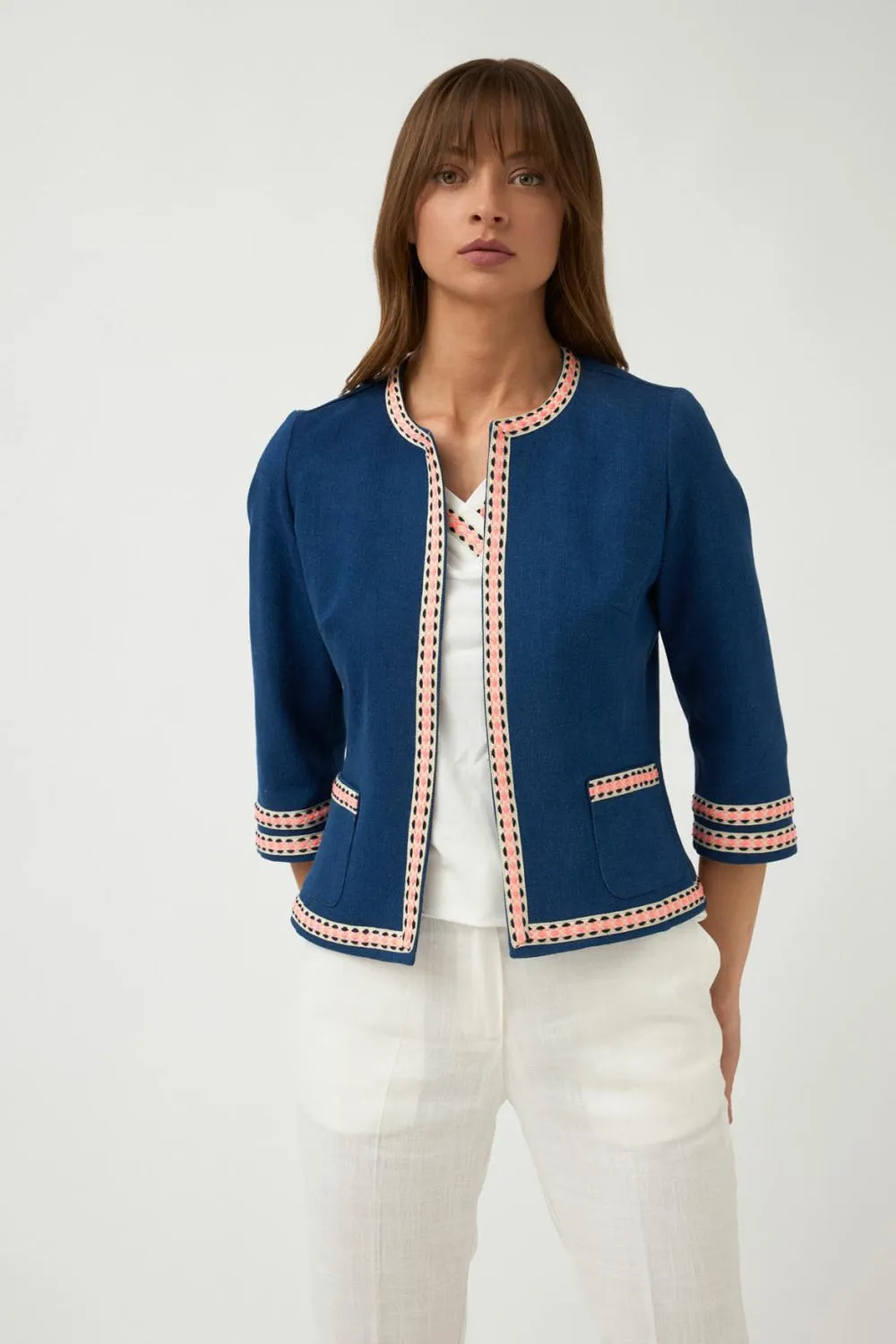 Bariloche Peru Navy Boucle Jacket With Patterned Trim