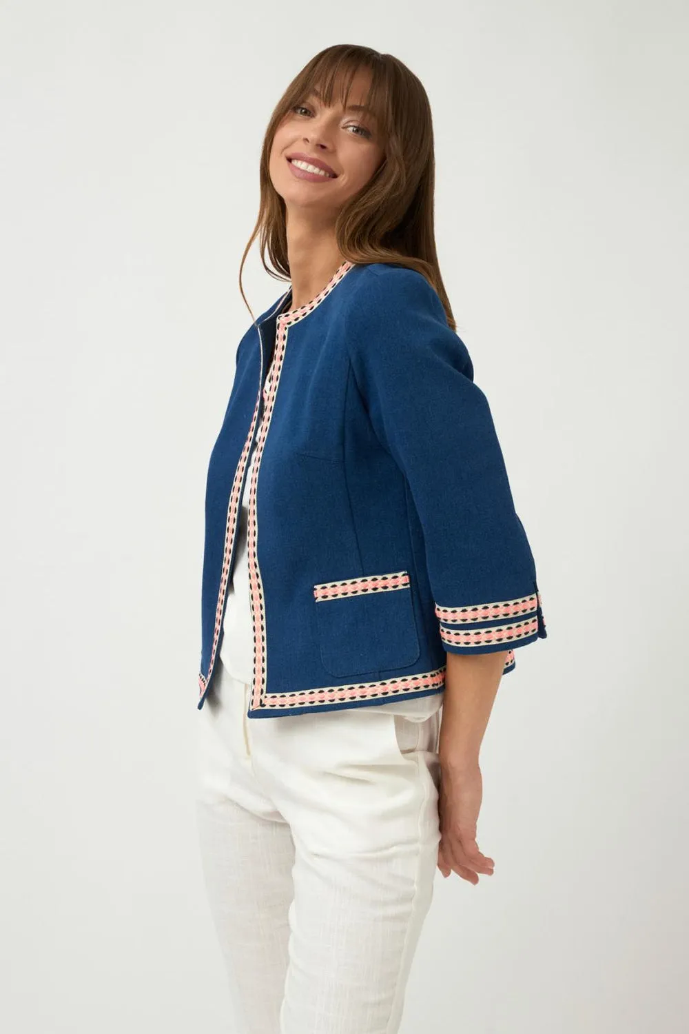 Bariloche Peru Navy Boucle Jacket With Patterned Trim