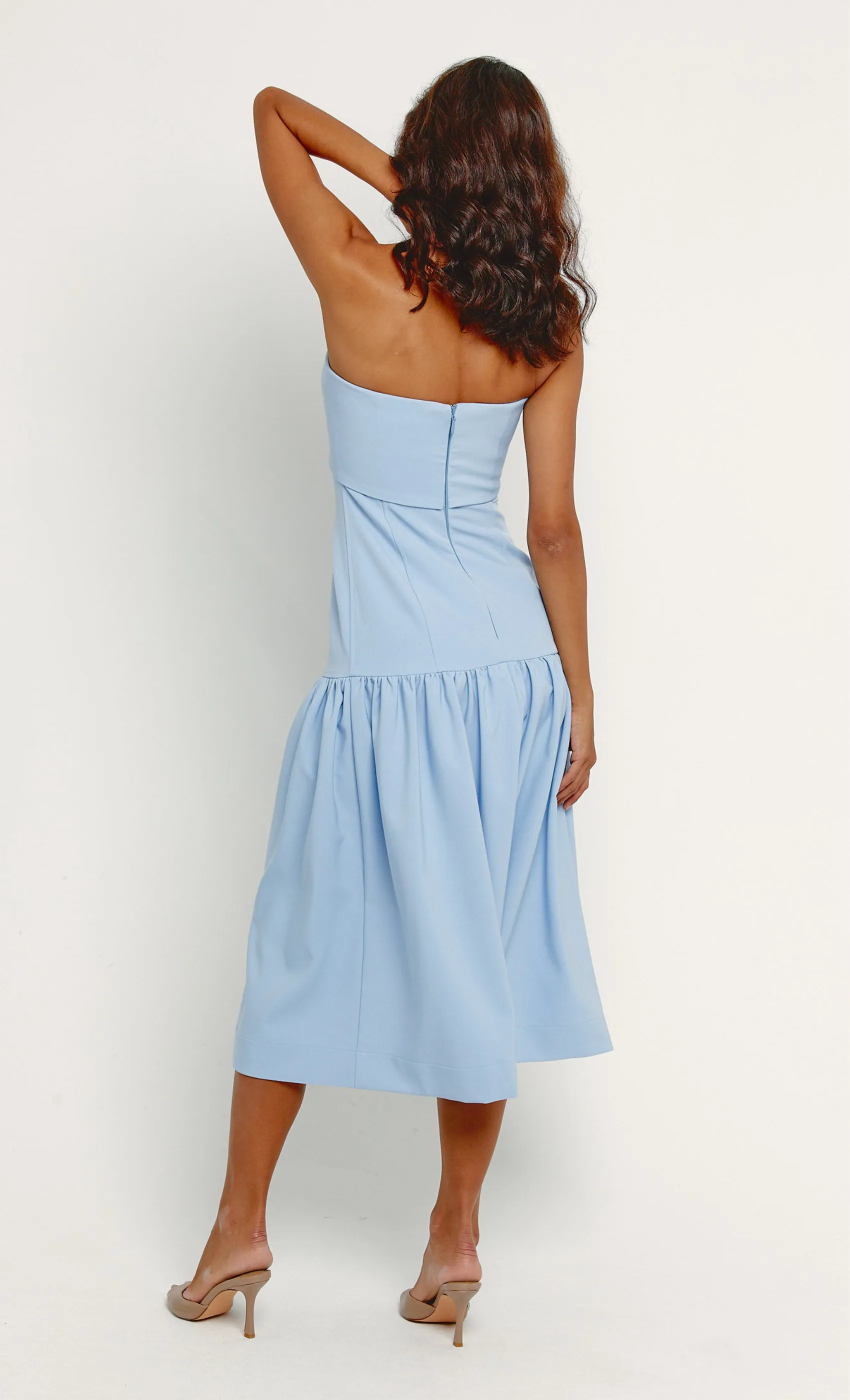 Blue Drop Waist Strapless Bow Midi Dress