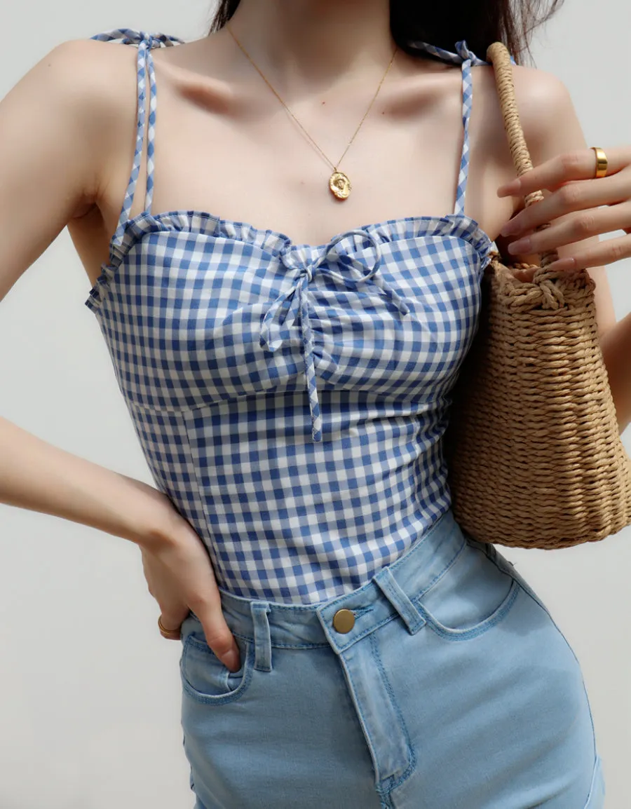 blue plaid slim fit pleated top