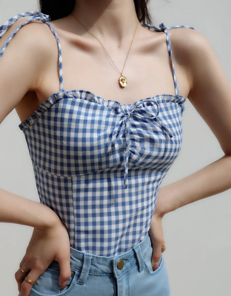 blue plaid slim fit pleated top