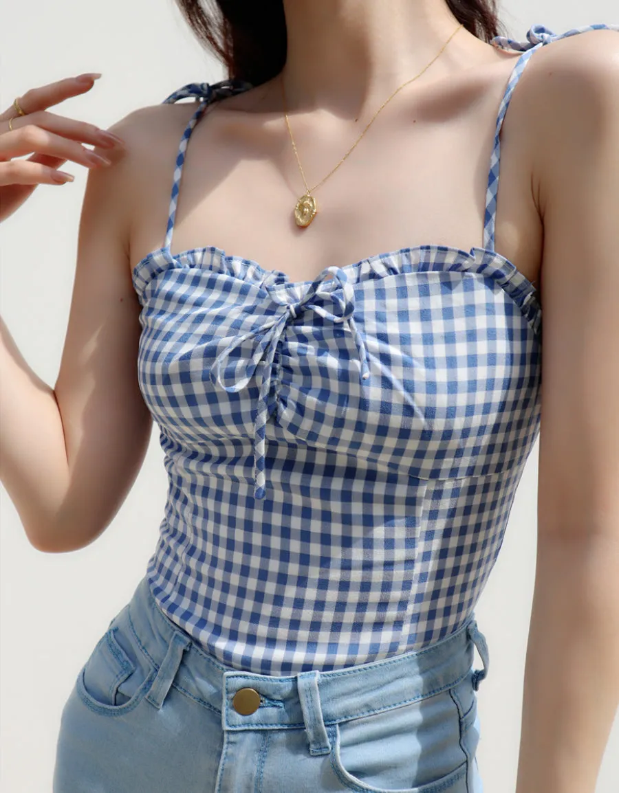 blue plaid slim fit pleated top