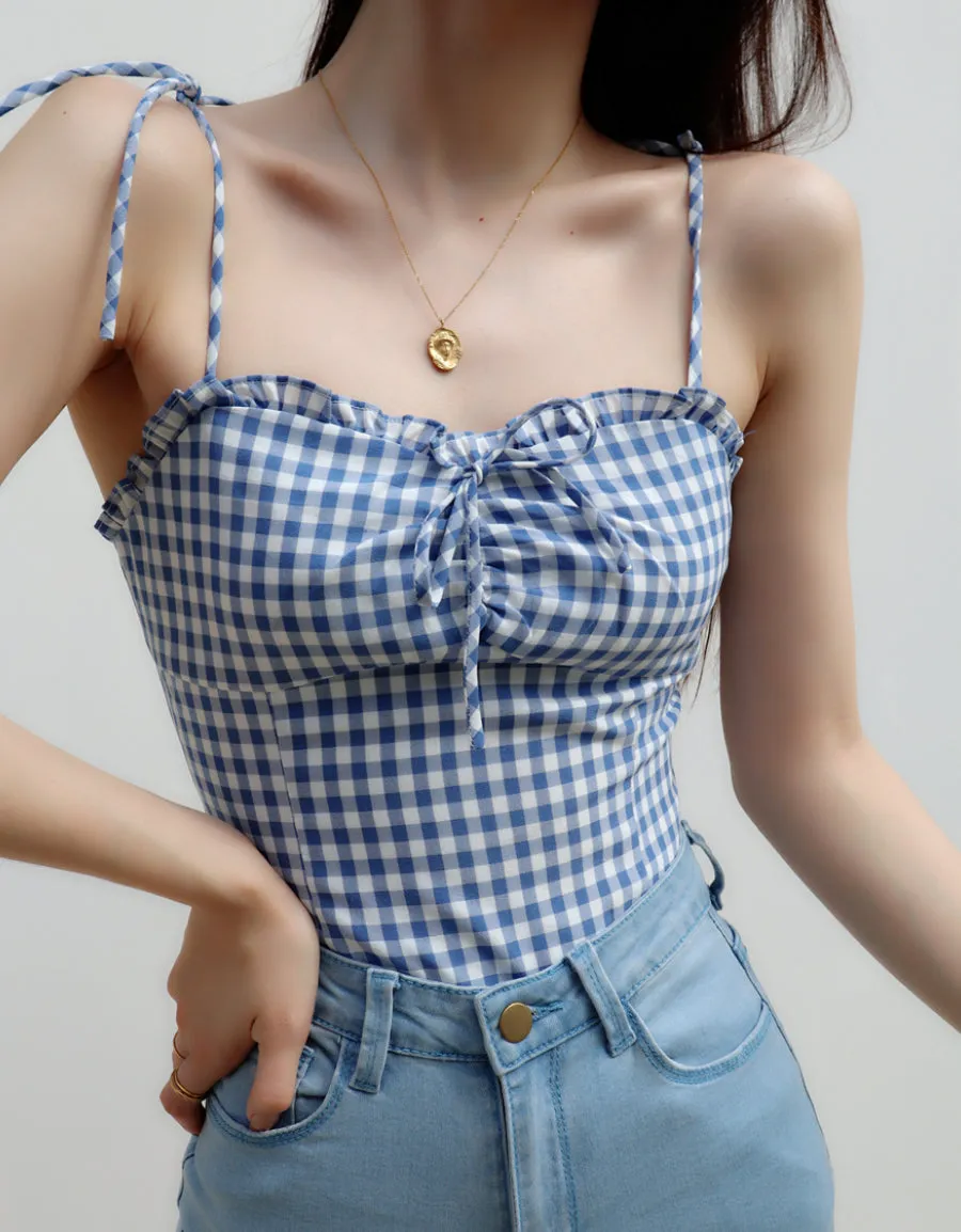 blue plaid slim fit pleated top
