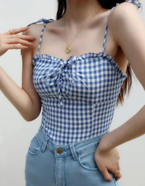 blue plaid slim fit pleated top