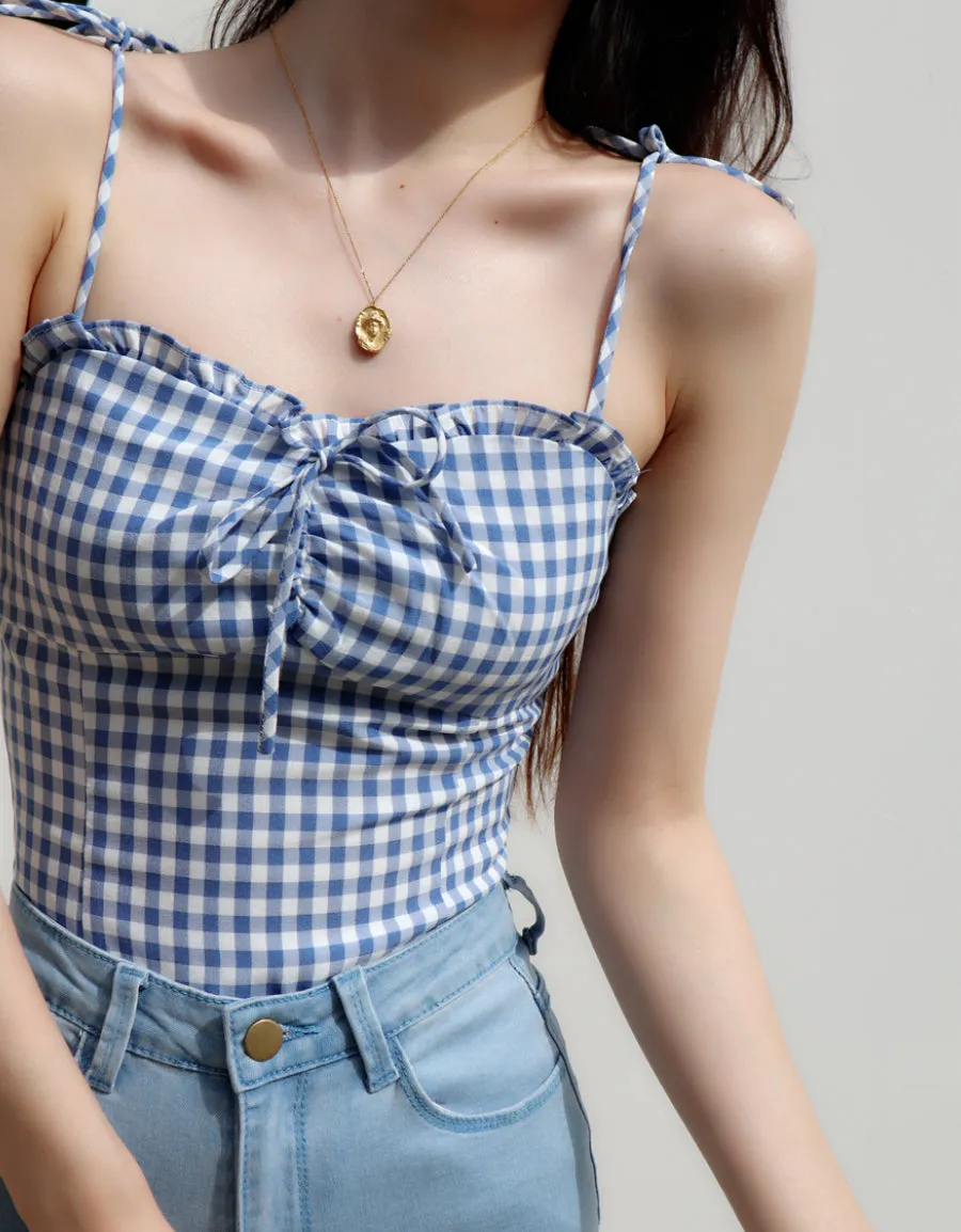 blue plaid slim fit pleated top