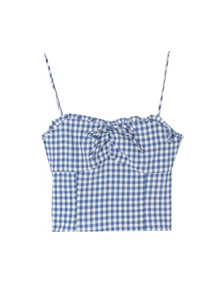 blue plaid slim fit pleated top