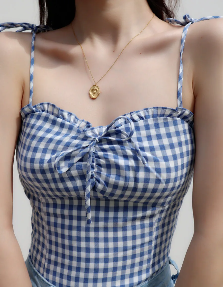 blue plaid slim fit pleated top