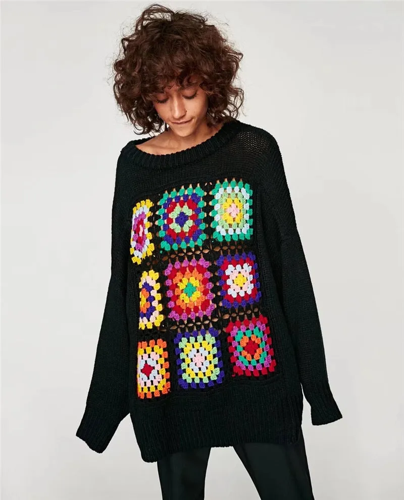 Boho Women Sweater 2017 Winter Lattice Floral Crochet Drop Shoulder Pullovers Casual Warm Knitted Christmas Sweaters Plus Size