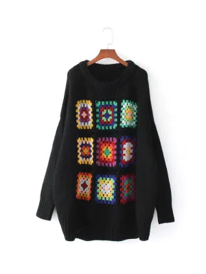 Boho Women Sweater 2017 Winter Lattice Floral Crochet Drop Shoulder Pullovers Casual Warm Knitted Christmas Sweaters Plus Size