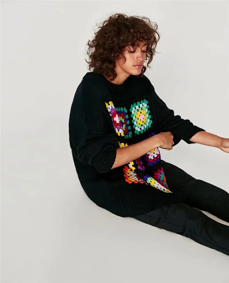 Boho Women Sweater 2017 Winter Lattice Floral Crochet Drop Shoulder Pullovers Casual Warm Knitted Christmas Sweaters Plus Size
