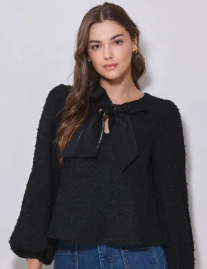 Bow Tie Front Tweed Blouse
