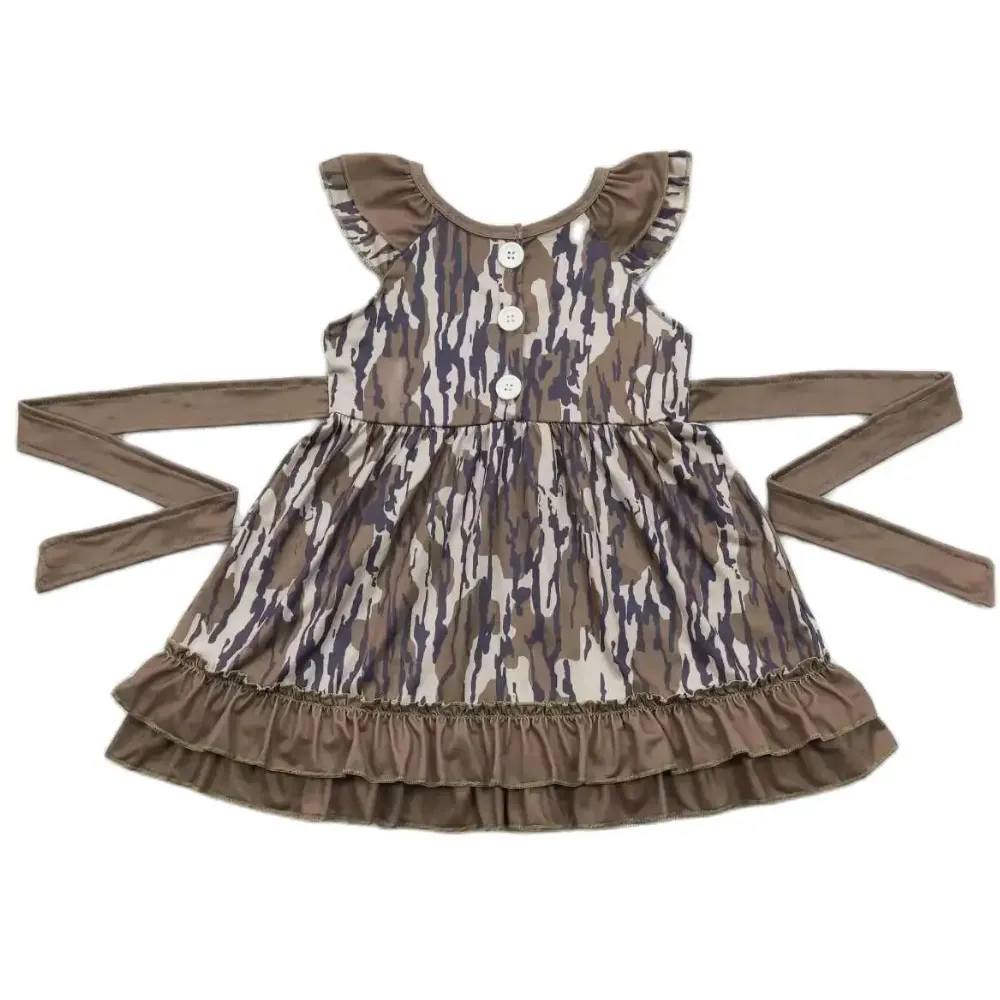 Camo Flutter Sleeve Tie Accent Dress Kids Western