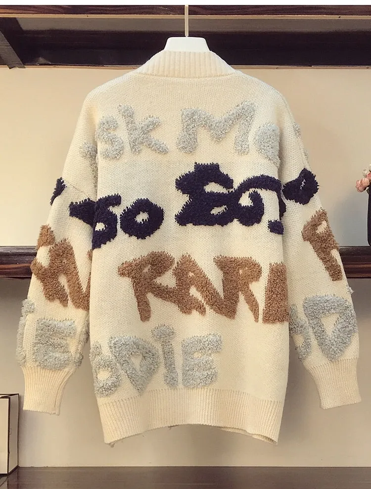 Casual Oversize Letter Print Cardigan Sweater Female Thick Warm Outwear