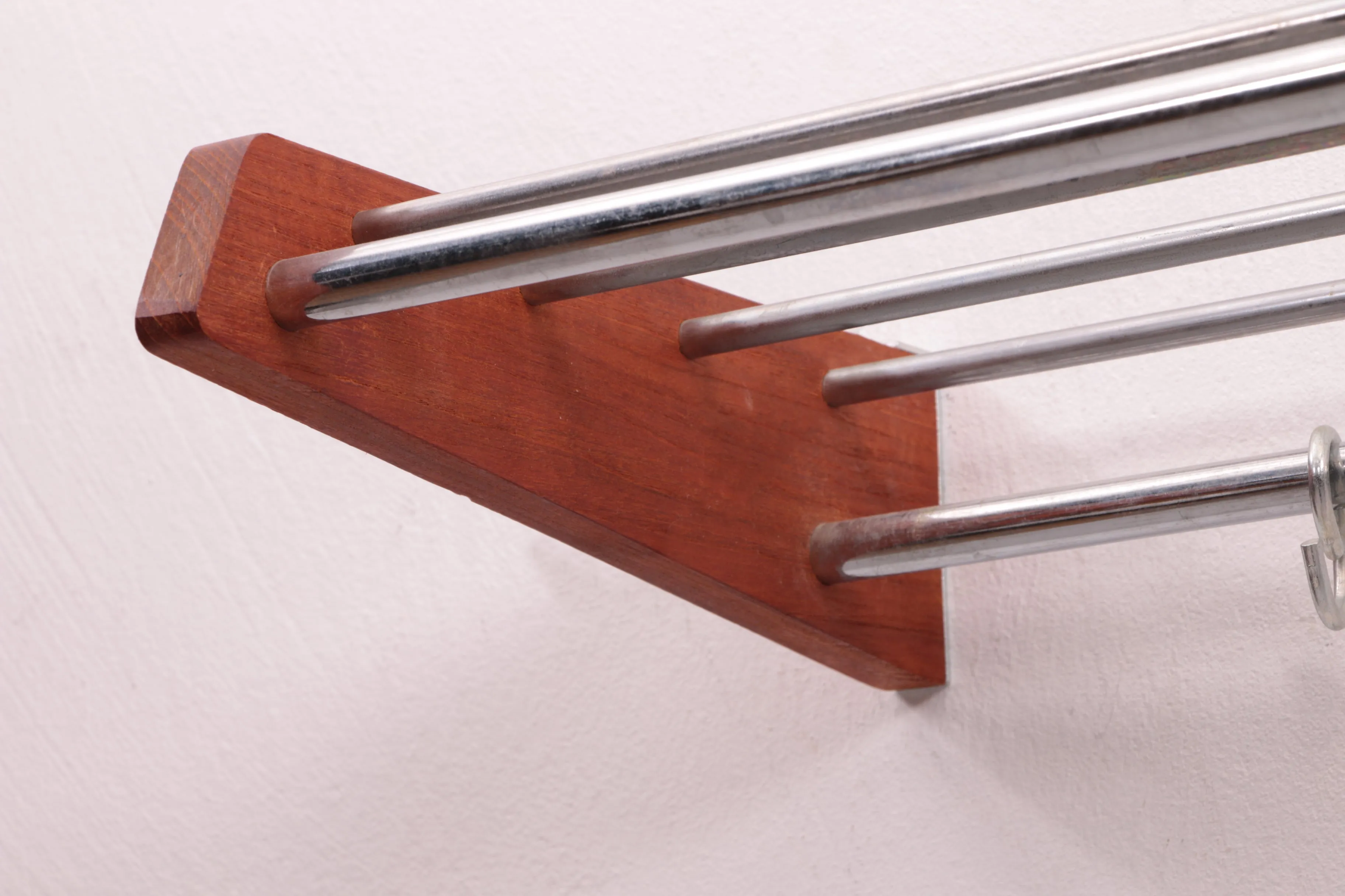 Danish Design Teak Wood Wall Coat Rack with Chrome Hooks, 1960s