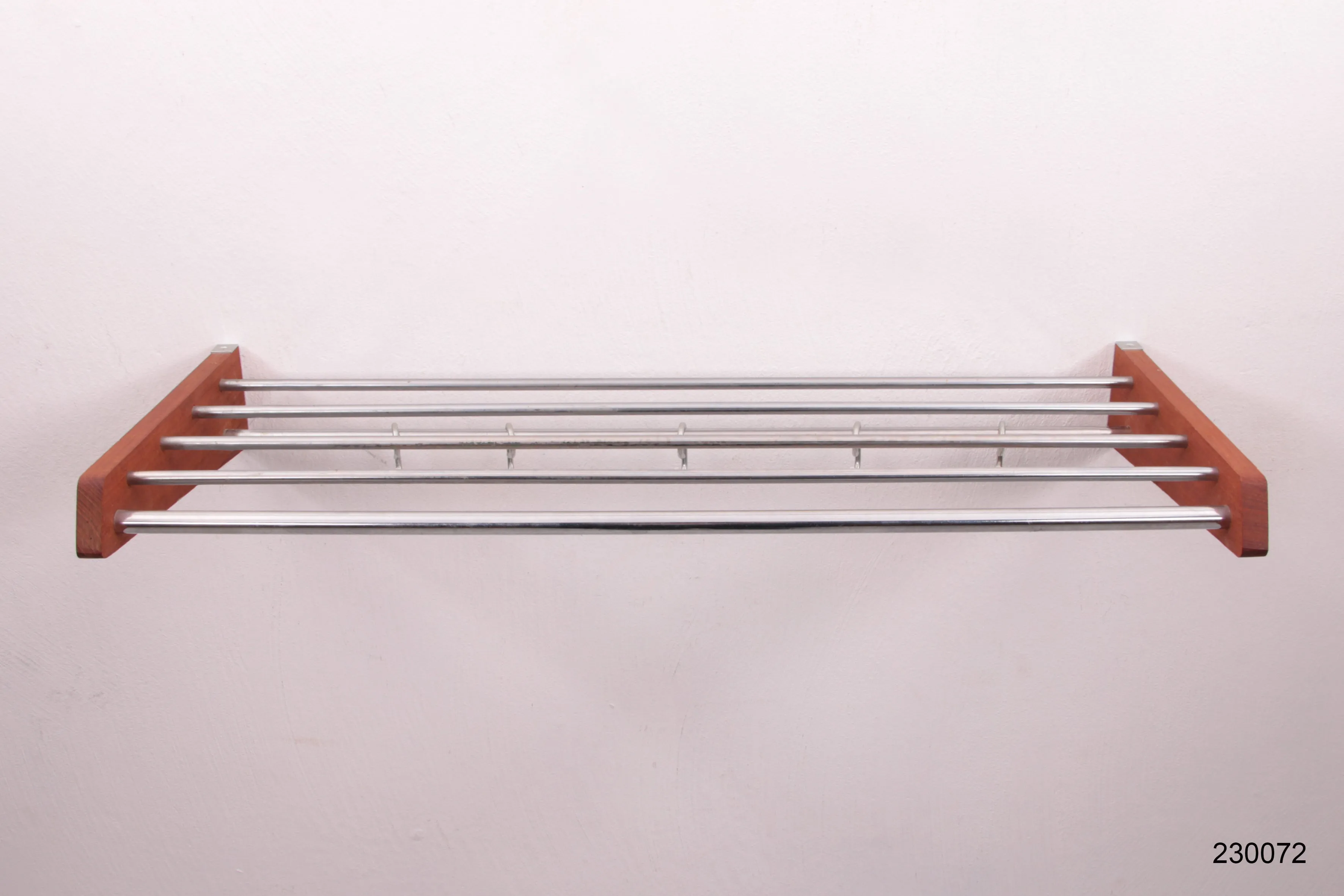 Danish Design Teak Wood Wall Coat Rack with Chrome Hooks, 1960s