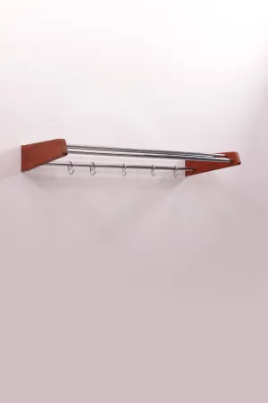 Danish Design Teak Wood Wall Coat Rack with Chrome Hooks, 1960s