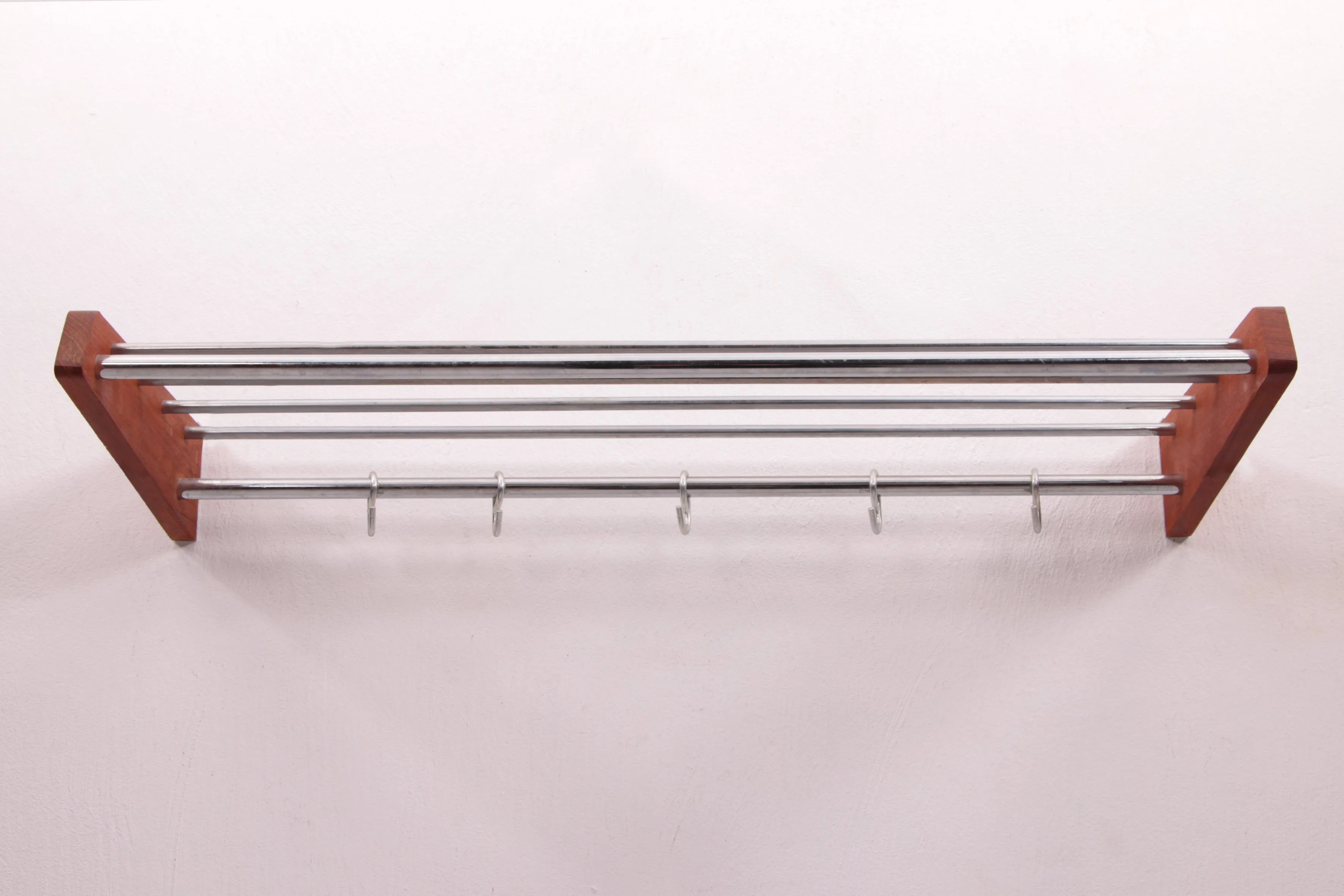 Danish Design Teak Wood Wall Coat Rack with Chrome Hooks, 1960s