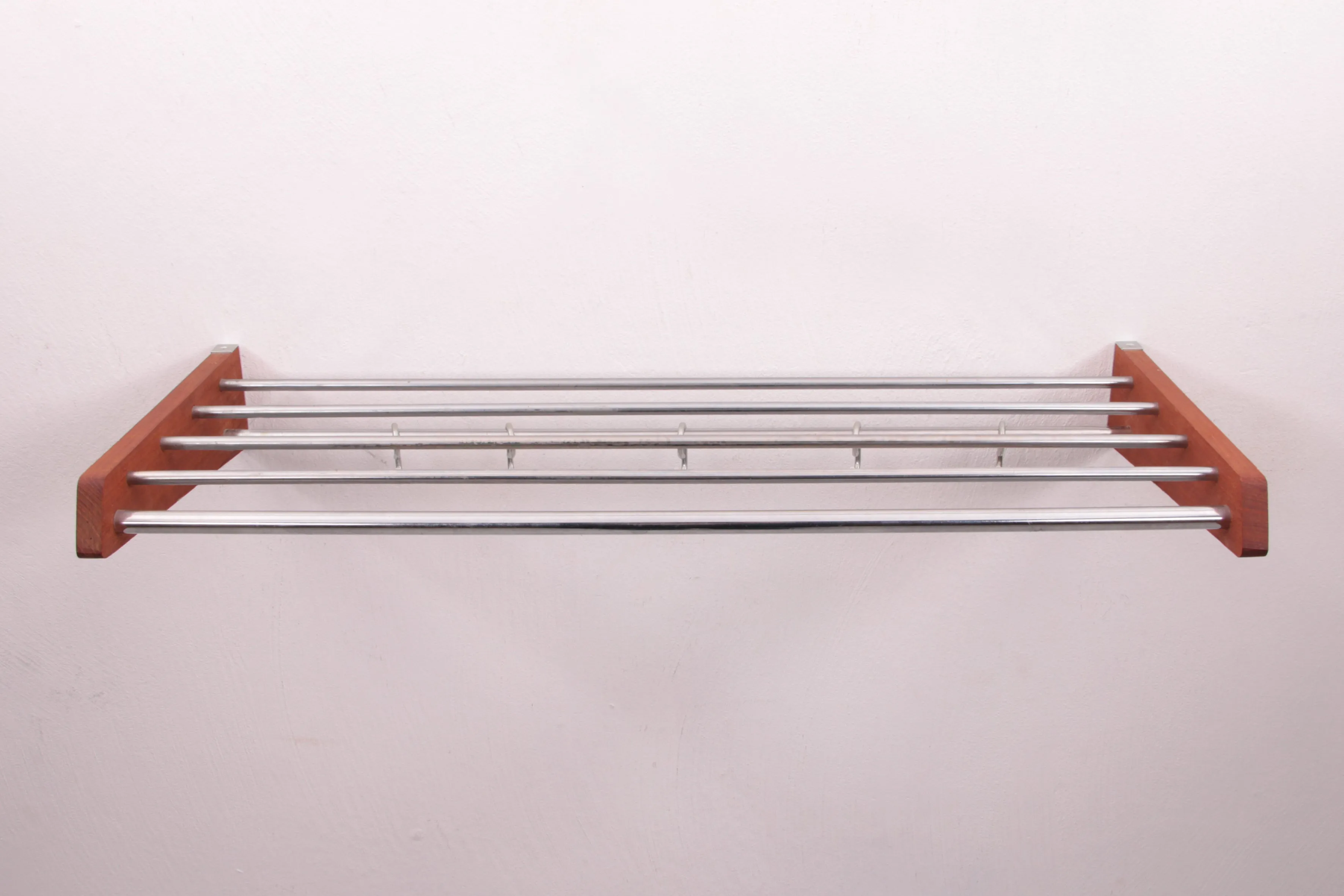 Danish Design Teak Wood Wall Coat Rack with Chrome Hooks, 1960s