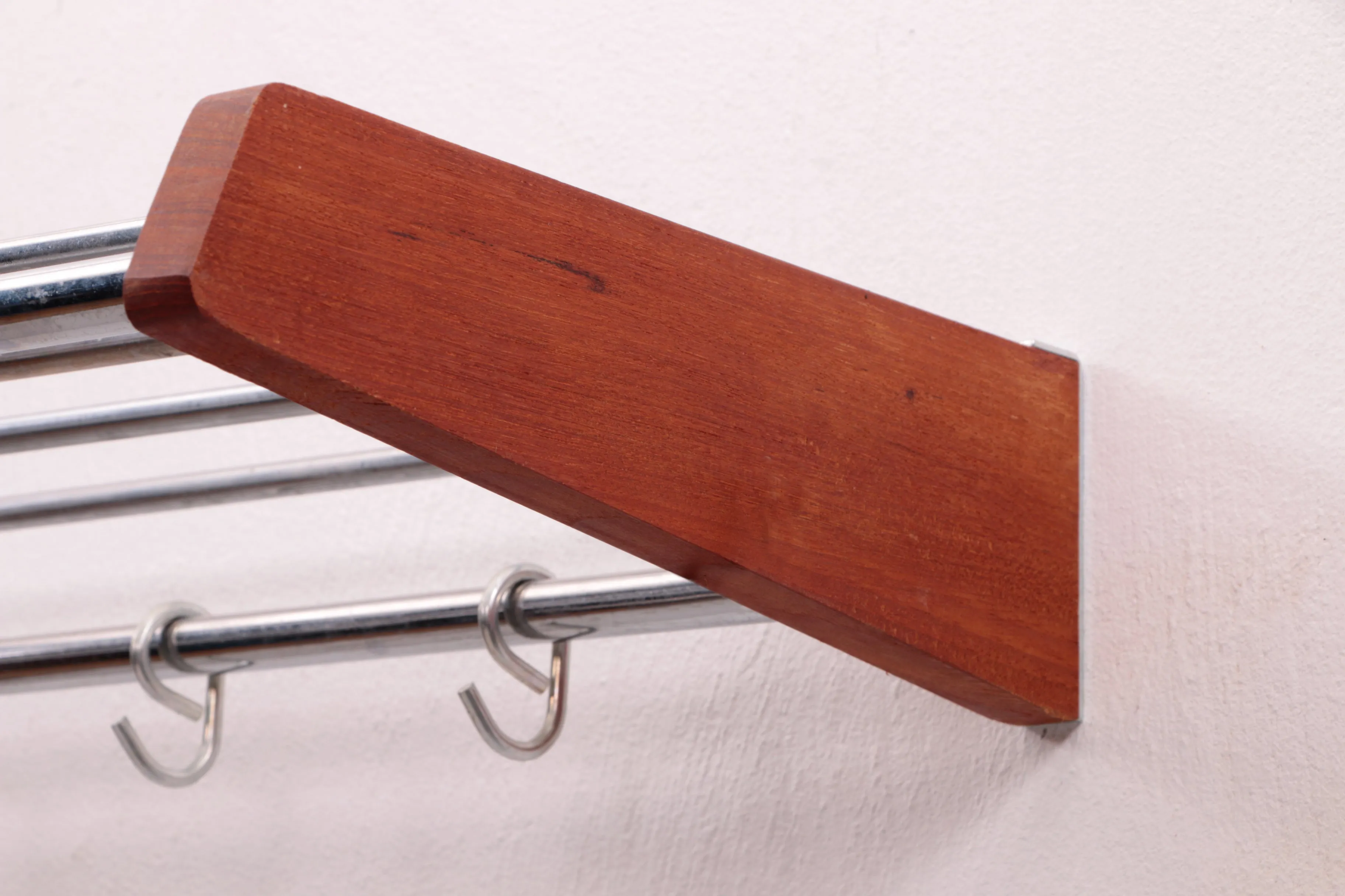 Danish Design Teak Wood Wall Coat Rack with Chrome Hooks, 1960s