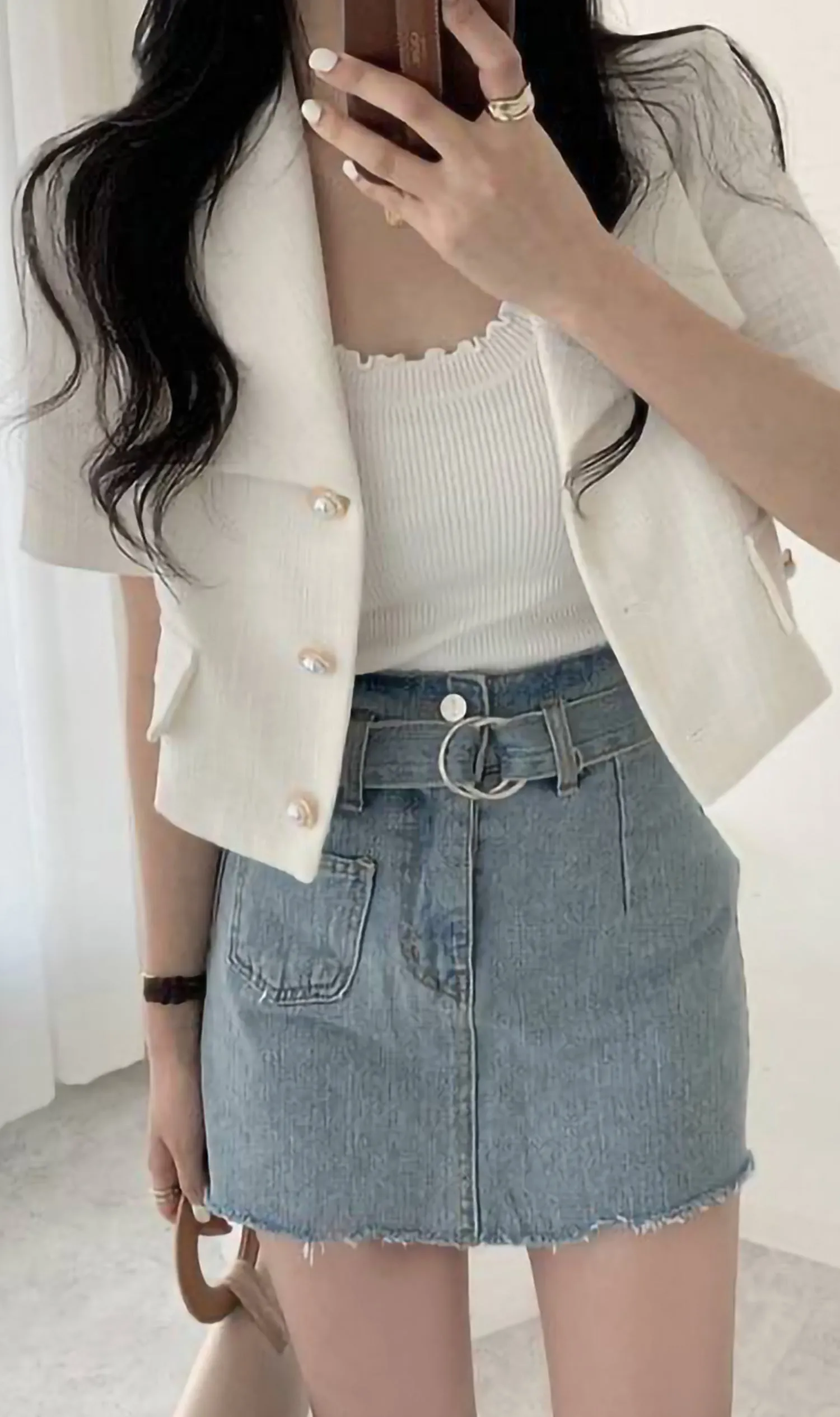 DIONNE Wide-Collar Tweed Blazer Top (White)