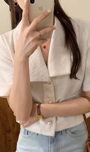 DIONNE Wide-Collar Tweed Blazer Top (White)