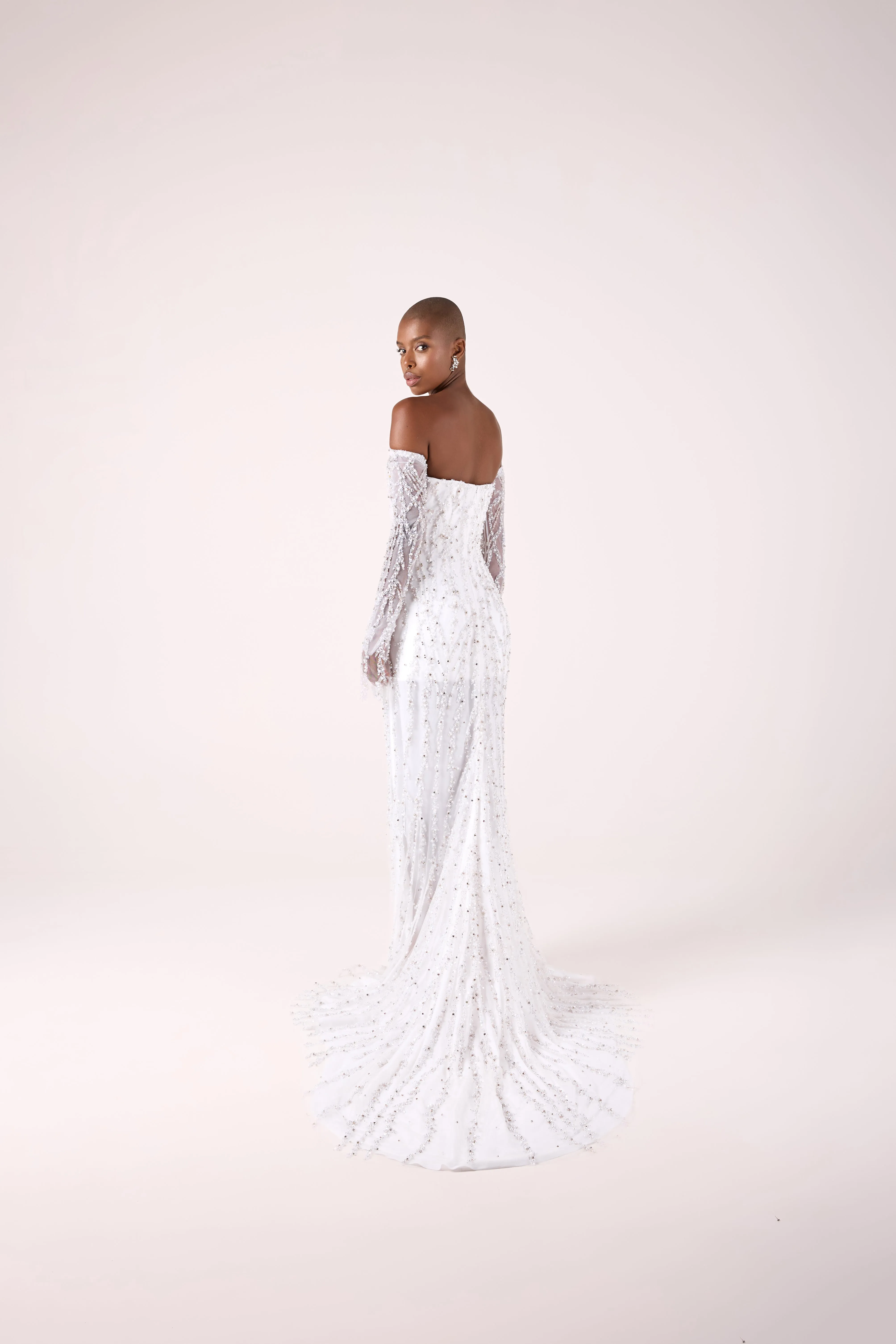 Elegant Off-the-Shoulder Beaded Sheath Satin and Tulle Gown with the Train