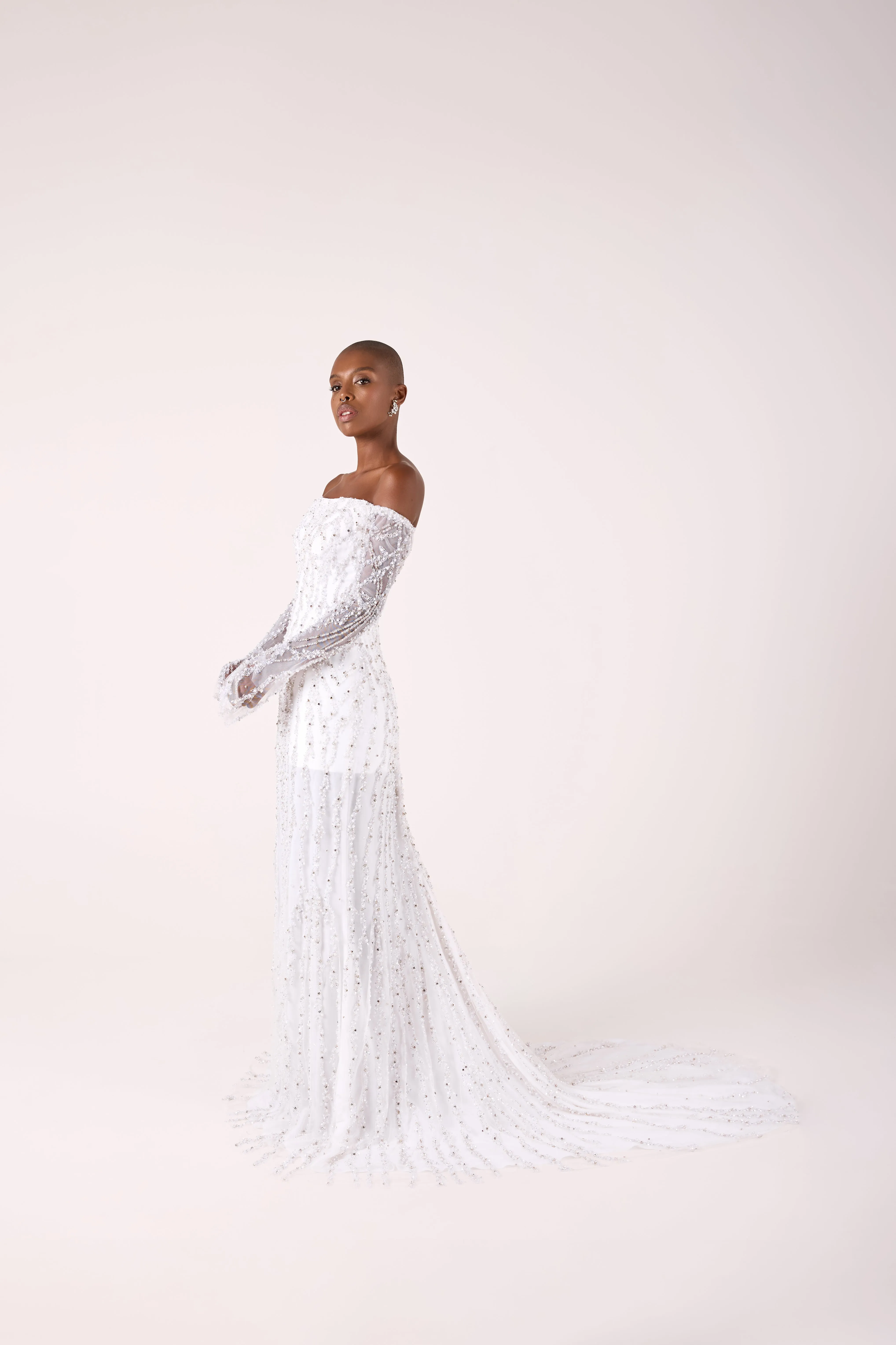 Elegant Off-the-Shoulder Beaded Sheath Satin and Tulle Gown with the Train