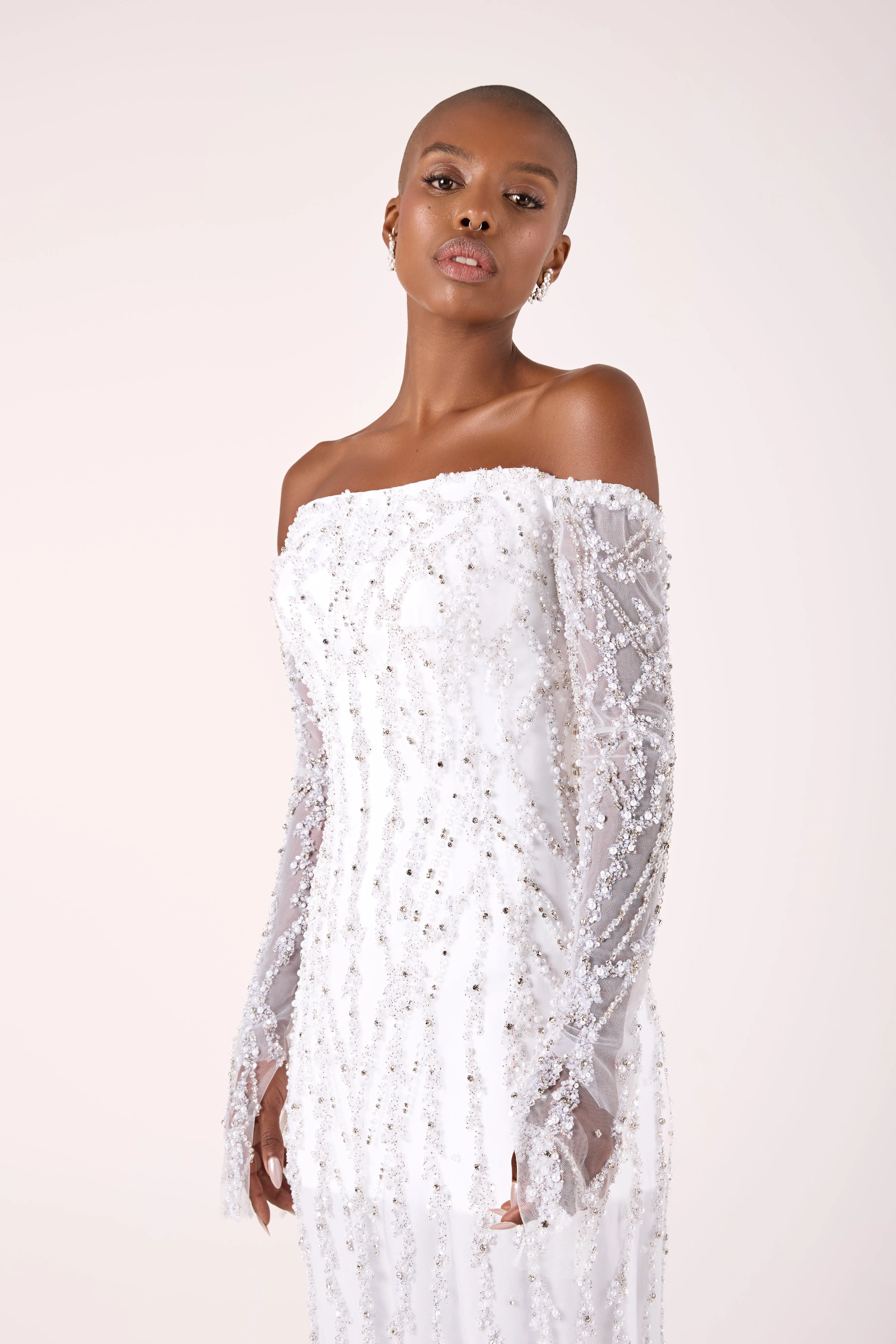 Elegant Off-the-Shoulder Beaded Sheath Satin and Tulle Gown with the Train