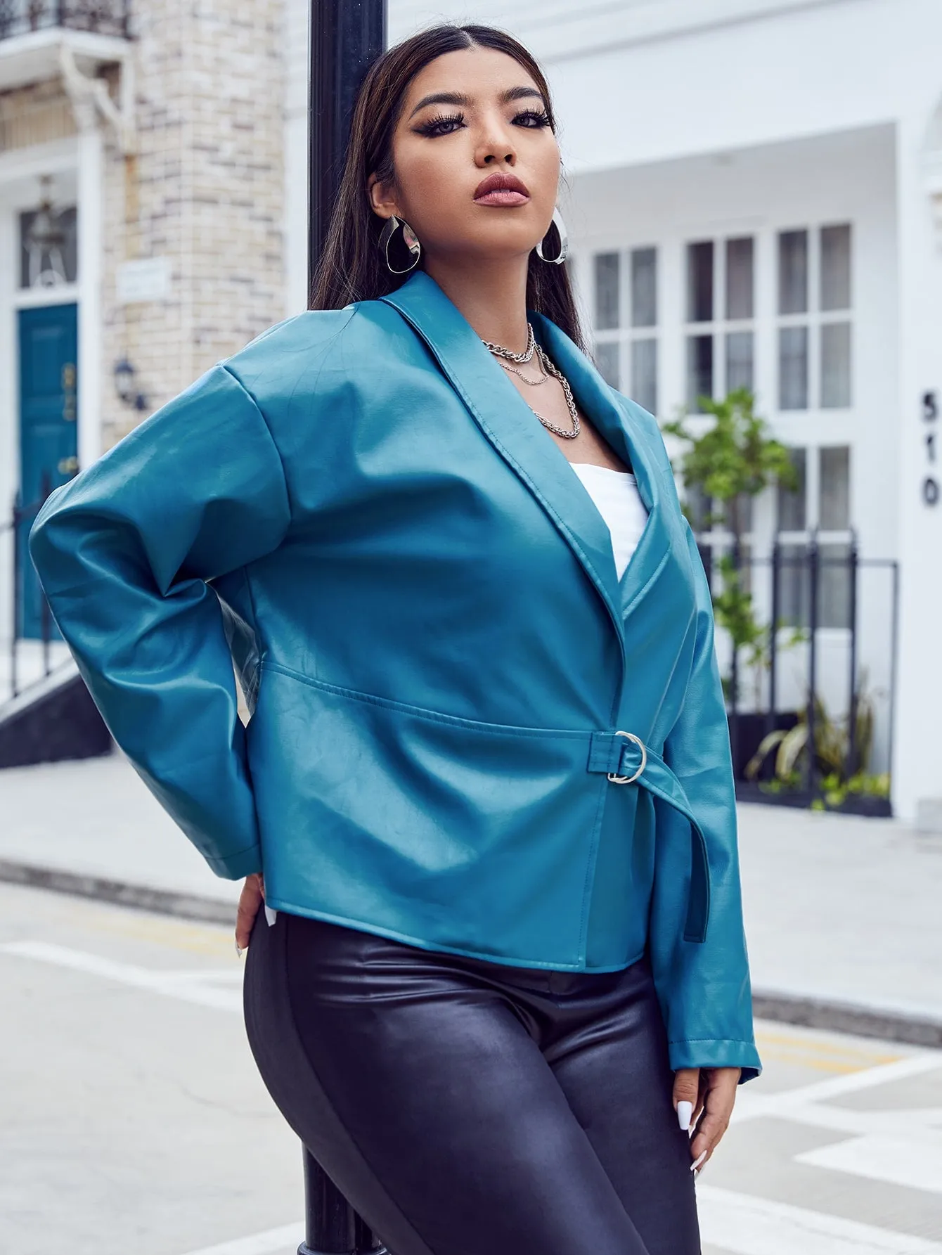 Elegant Plain Ring Long Sleeve Shawl Collar Regular Plus Size Blazer