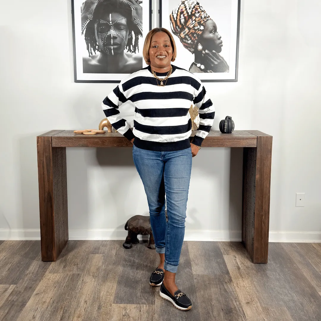 'Essie' Striped Knit Crewneck Sweater| Black
