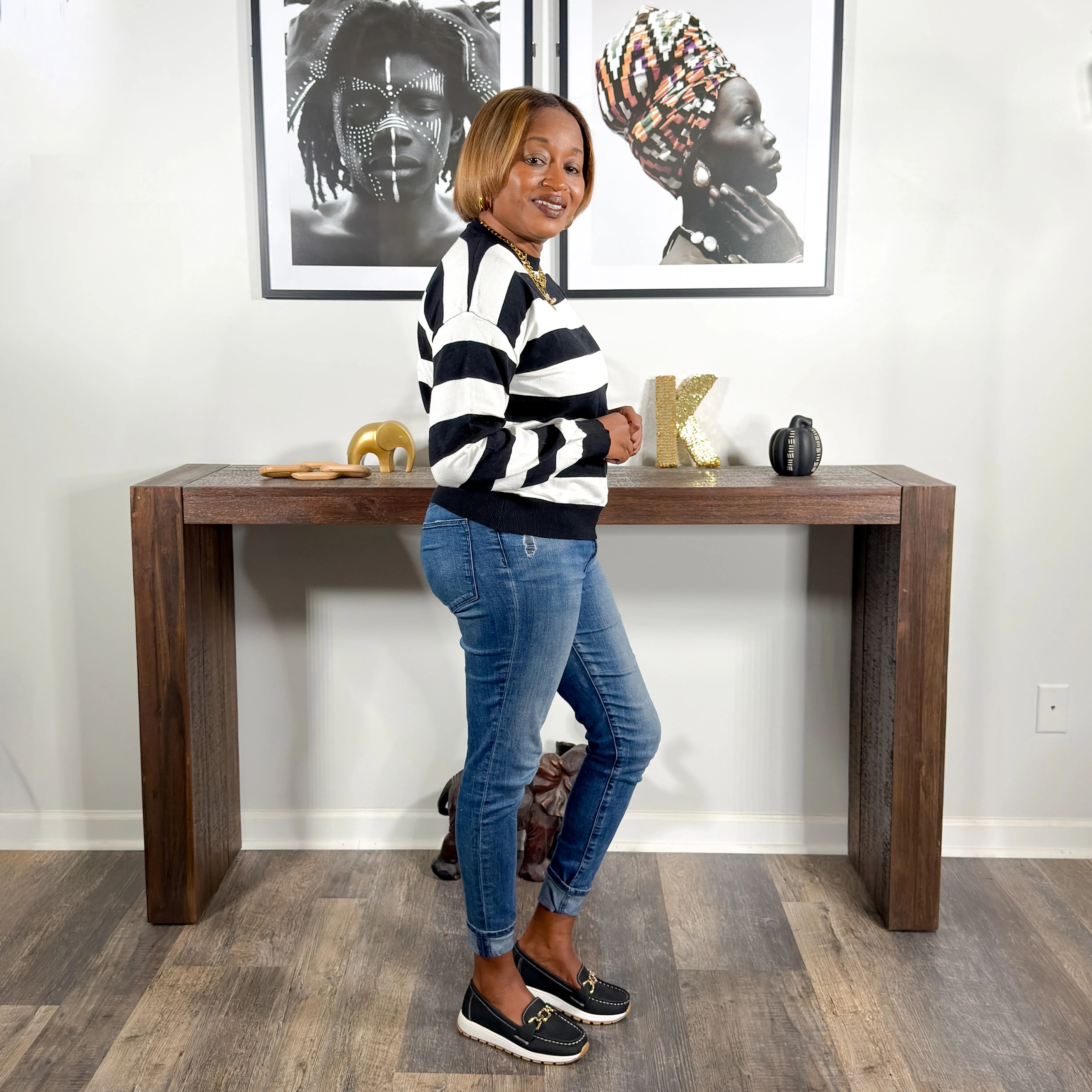 'Essie' Striped Knit Crewneck Sweater| Black
