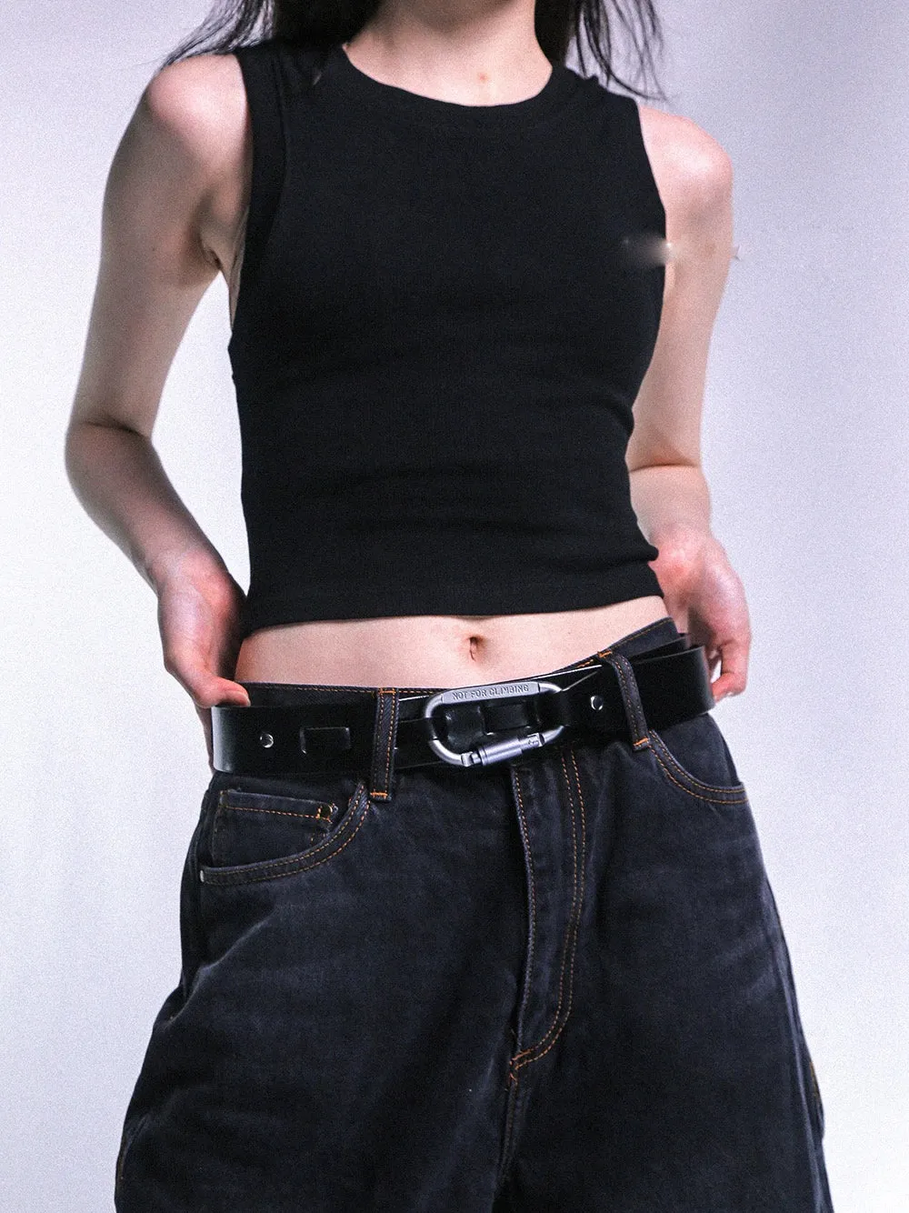 Faux Leather Belt with Metal Buckle and Carabiner Loop