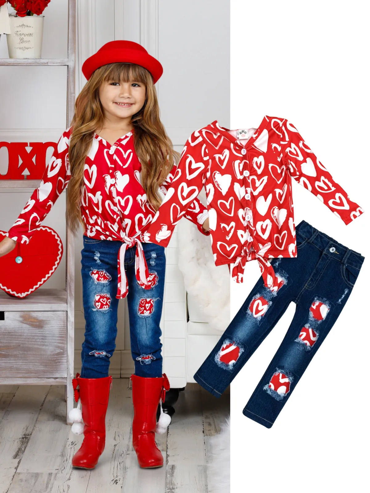 Feeling Heartsy Patched Denim Set