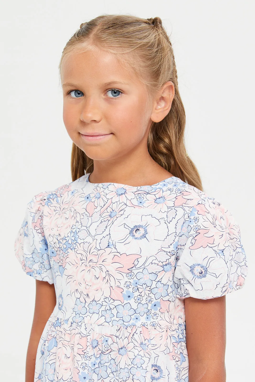Girls Blue Floral Lace Tiered Dress With Headband