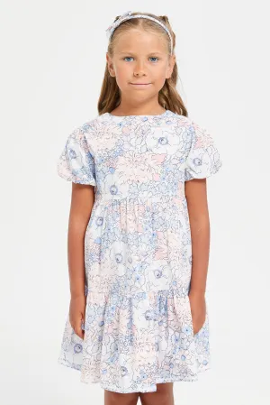 Girls Blue Floral Lace Tiered Dress With Headband