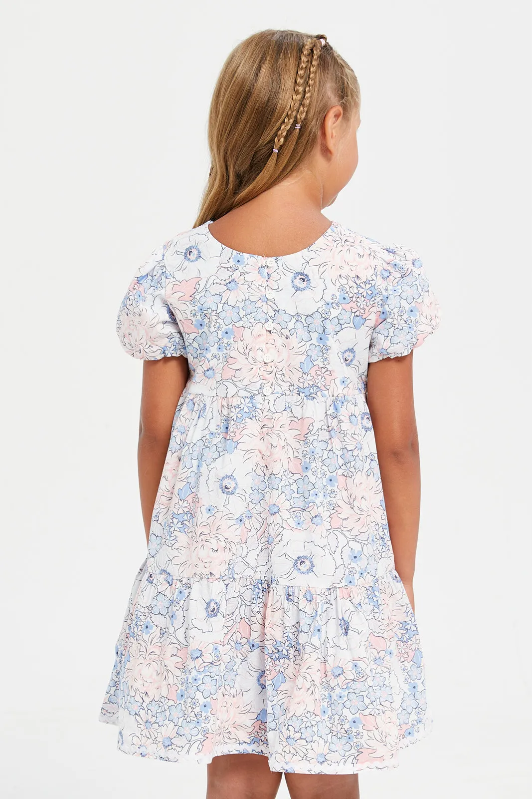 Girls Blue Floral Lace Tiered Dress With Headband