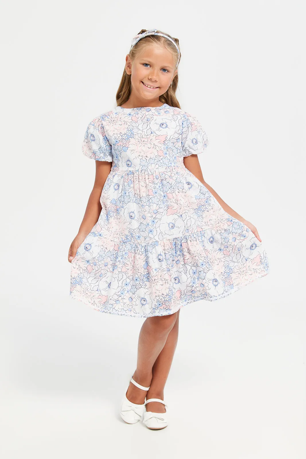 Girls Blue Floral Lace Tiered Dress With Headband