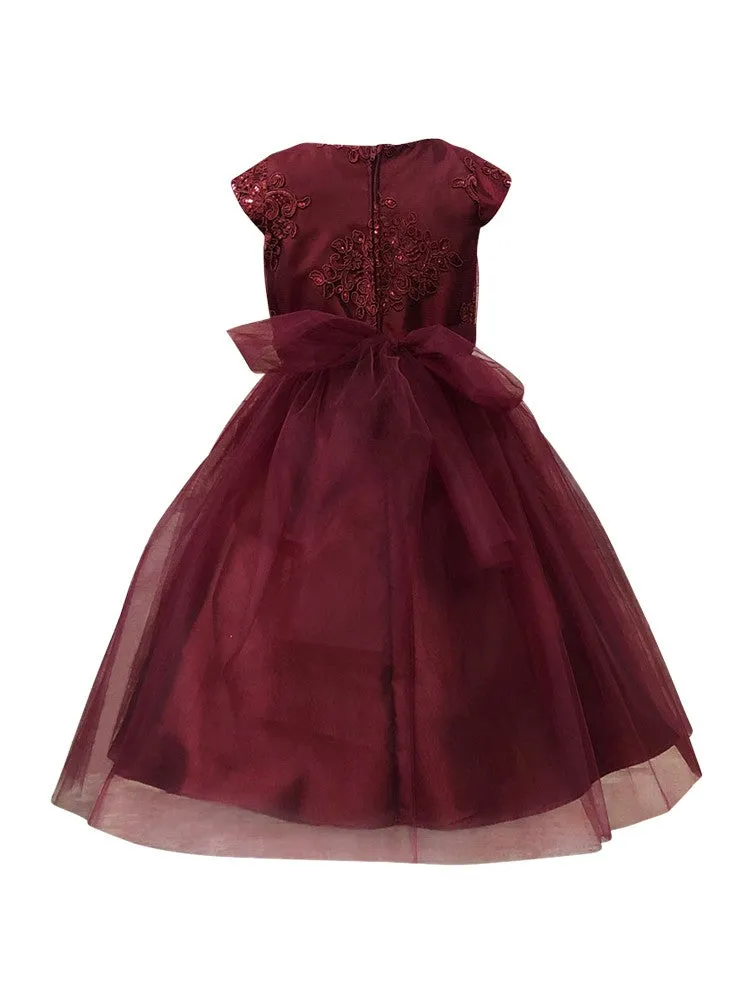 Girls Burgundy Floral Glitter Mesh Christmas Dress 2-12