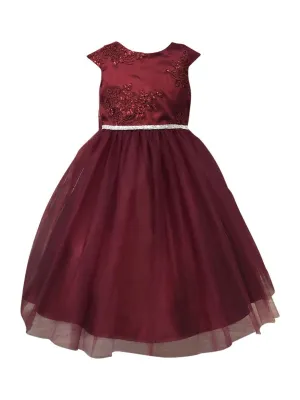 Girls Burgundy Floral Glitter Mesh Christmas Dress 2-12