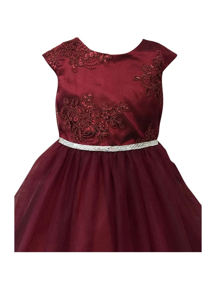 Girls Burgundy Floral Glitter Mesh Christmas Dress 2-12