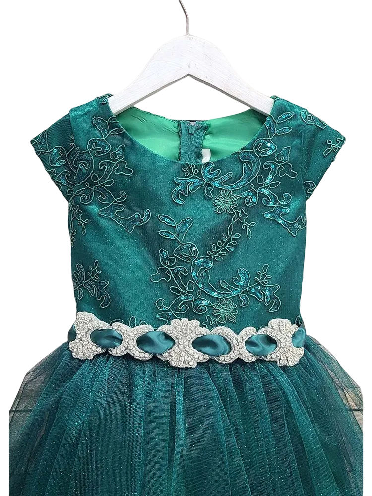 Girls Hunter Green Embroidered Bodice Crystal Belt Gown 2-16