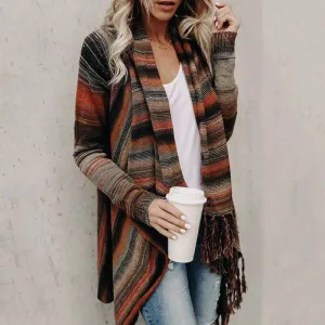 GlamzLife's Mid Length Slim Fringe Striped Sweater Coat