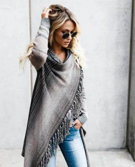 GlamzLife's Mid Length Slim Fringe Striped Sweater Coat