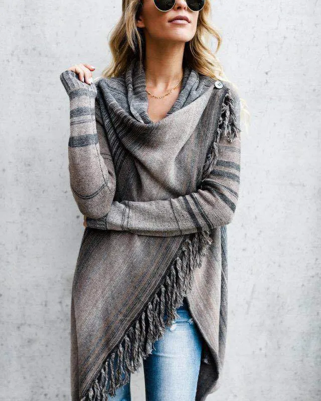 GlamzLife's Mid Length Slim Fringe Striped Sweater Coat